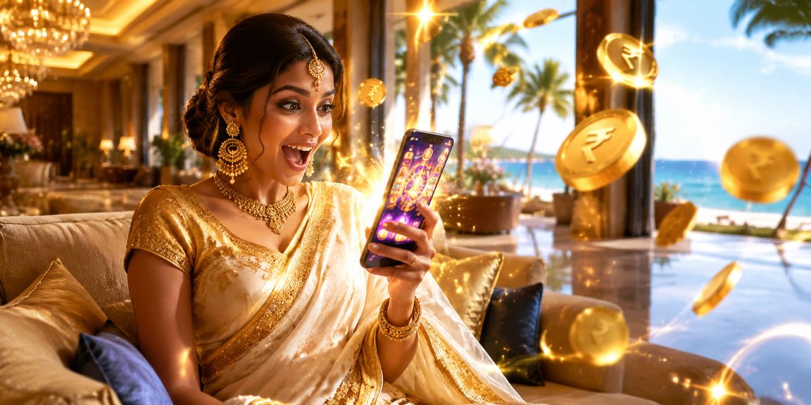 Woman buying lottery tickets on mobile device in traditional saree